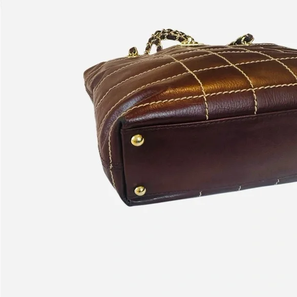 CHANEL Quilted Brown Leather Tote with Gold Chain Handles - Picture 13 of 16